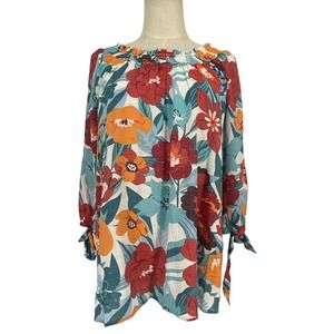 By Design Floral Smocked Neck Blouse Womens L Colorful Tie Cuff Top Cottagecore